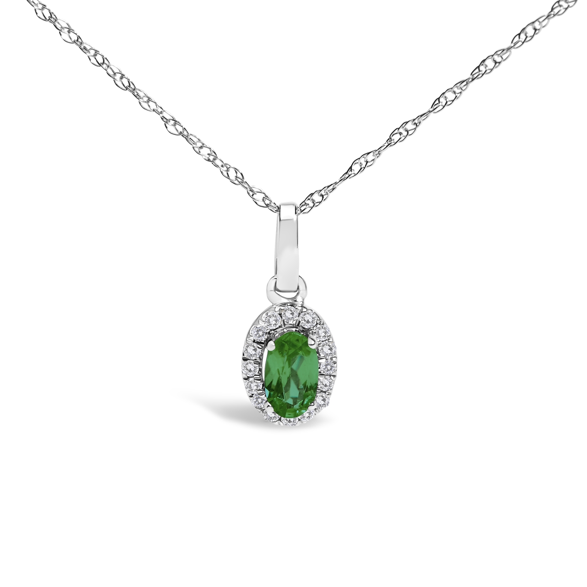 022523NASH 18 in. 10K White Gold 5 x 3 mm Green Emerald & Diamond Accent Halo Oval Shape Pendant Necklace for Women
