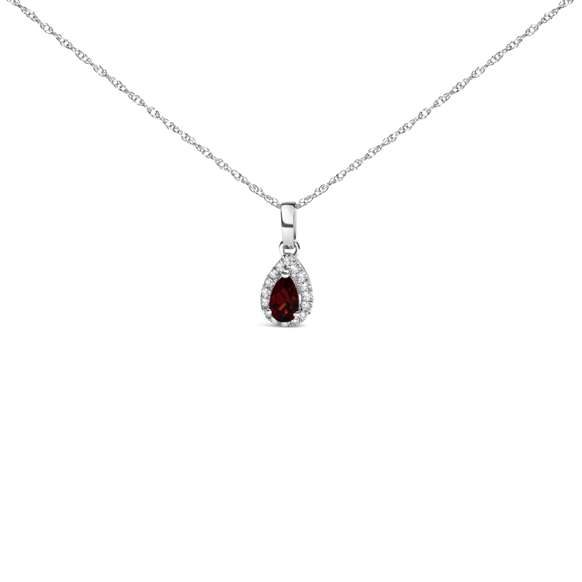022528NASH 18 in. 10K White Gold 5 x 3 mm Red Garnet & Diamond Accent Halo Pear Shape Pendant Necklace for Women