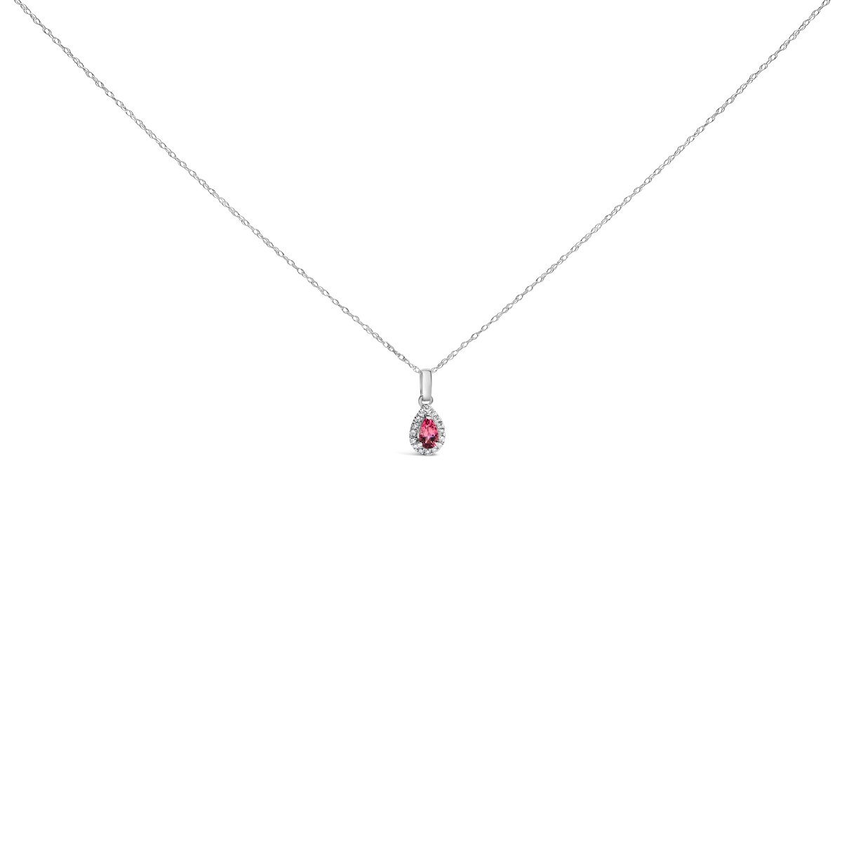 022532NASH 18 in. 10K White Gold 5 x 3 mm Pink Tourmaline & Diamond Accent Halo Pear Shape Pendant Necklace for Women