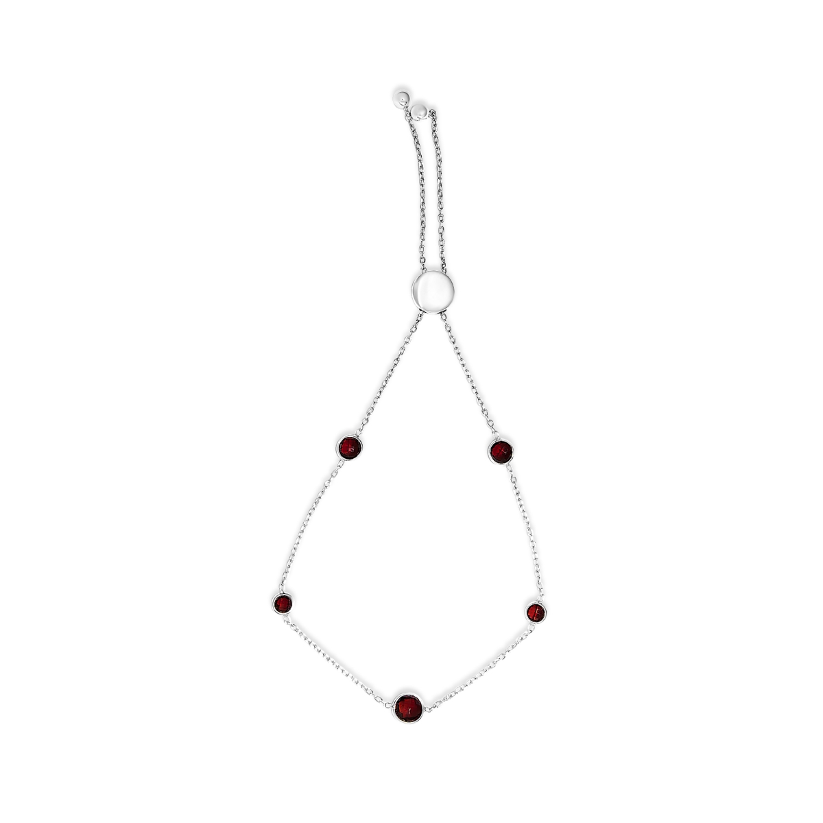 023142BASH 0.925 Sterling Silver Bezel Set Red Garnet 5 Station Adjustable Bolo Bracelet for Women