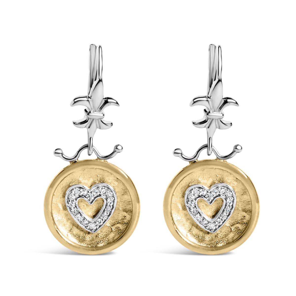 022033ES33 18K Yellow Gold Plated 0.925 Sterling Silver 0.12 CTTW Diamond Hammered Finished Medallion Heart Drop & Dangle Earrings for Women
