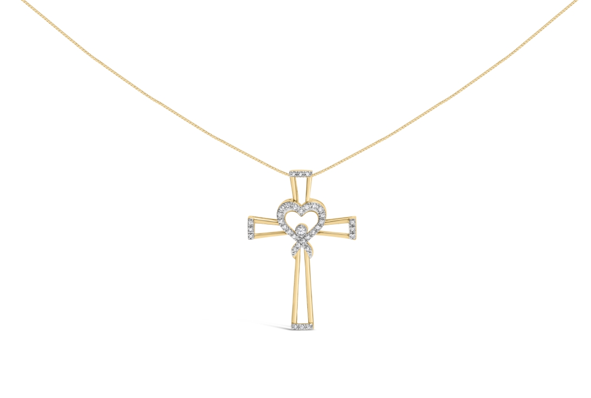 80-6216YDM 18 in. 14K Yellow Gold Plated 0.925 Sterling Silver 0.16 CTTW Diamond Interlocking Heart & Ribbon Cross Pendant Necklace for Women
