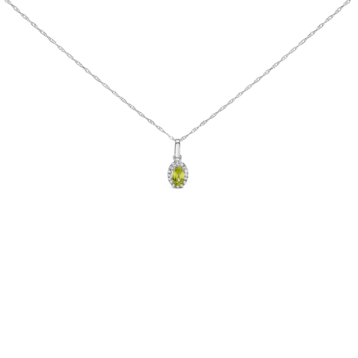 022530NASH 18 in. 10K White Gold 5 x 3 mm Yellow Peridot & Diamond Accent Halo Oval Shape Pendant Necklace for Women