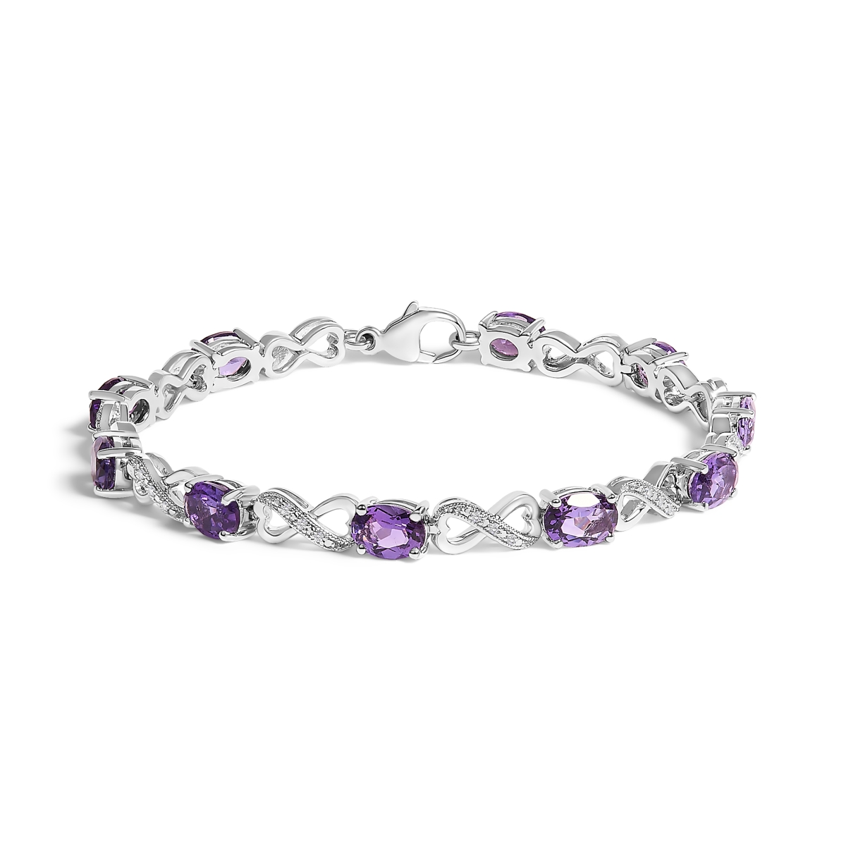 023139BASH 7 in. 0.925 Sterling Silver Oval Purple Amethyst & Diamond Infinity Link Bracelet, I-J Color - I1-I2 Clarity - White