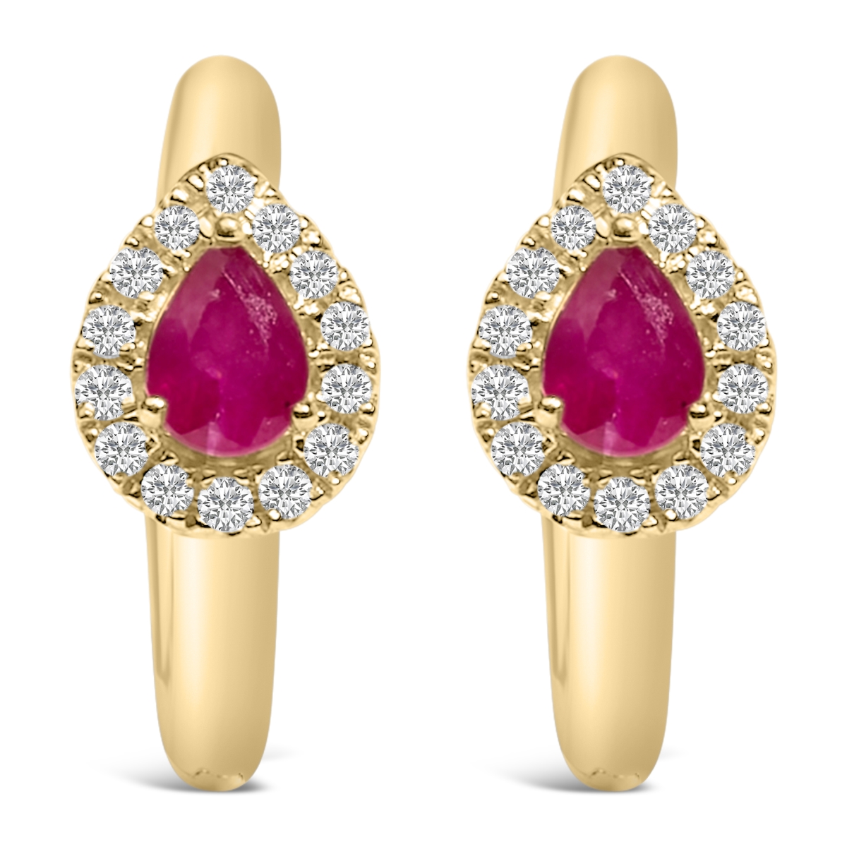023231EASH 10K Yellow Gold Pear Cut Red Ruby 4 x 3 mm & 0.1 CTTW Round Diamond Huggy Earrings, I-J Color - I1-I2 Clarity - Yellow