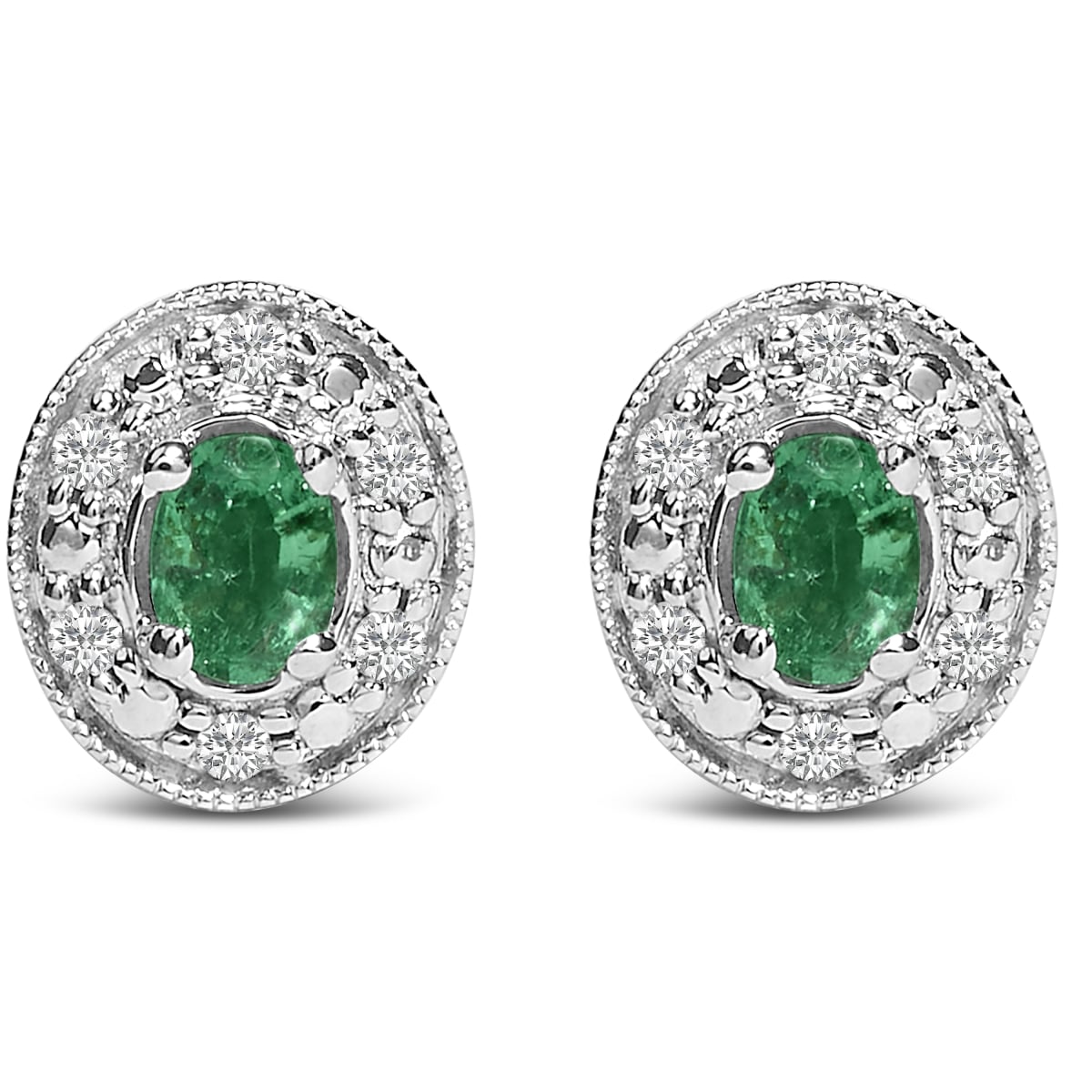 023234EASH 14K White Gold Oval Green Emerald & 0.1 CTTW Diamond Halo Stud Earring, I-J Color - I1-I2 Clarity - White