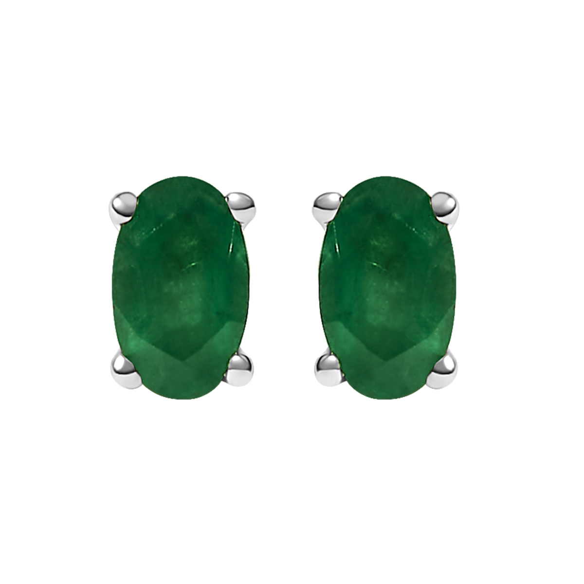 023228EASH 14K White Gold 5x3 mm Oval Green Emerald Solitaire Stud Earrings, White