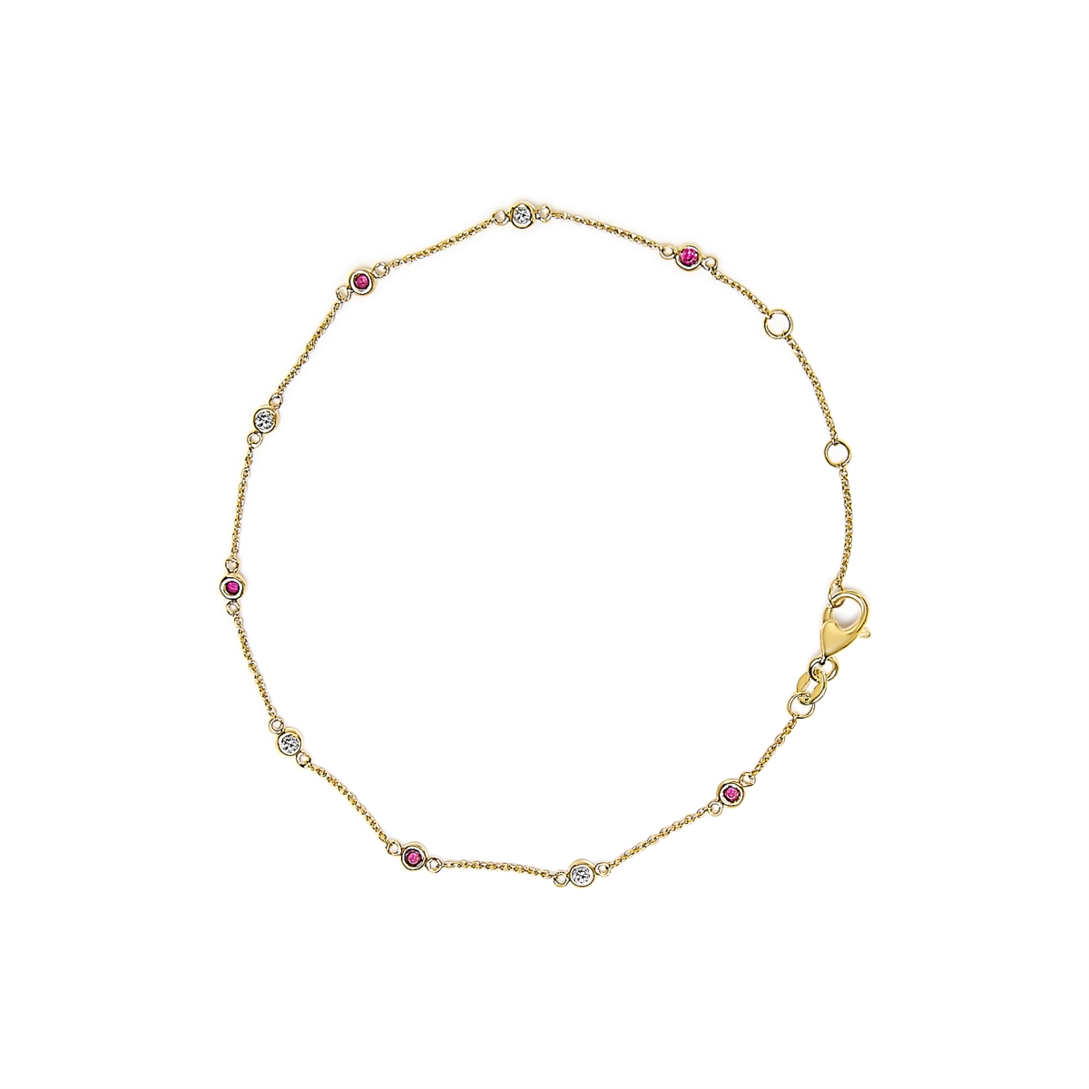 023130BASH 8 in. 14K Yellow Gold Alternating Red Ruby & White Diamond Bezel Station Chain Bracelet, I-J Color - SI2-I1 Clarity - Yellow