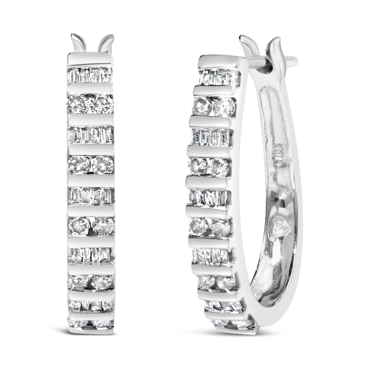 023163EWDM 10K White Gold 1.0 CTTW Alternating Diamond U Hoop Earrings, I-J Color, I2-I3 Clarity - White