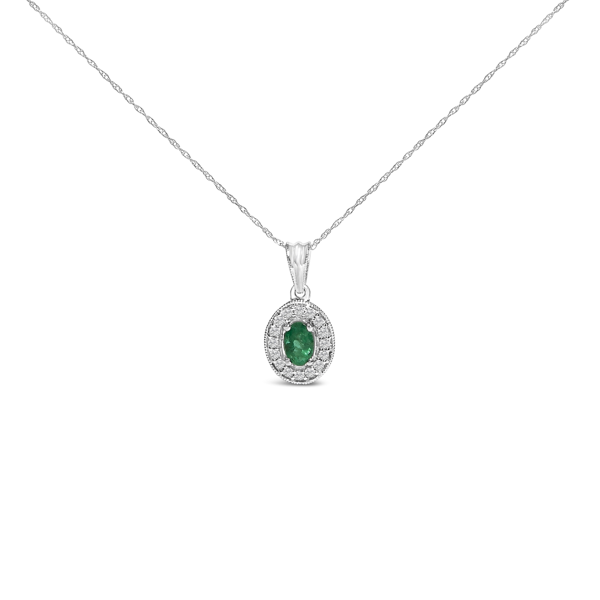 023233NASH 18 in. 14K White Gold Oval 6x4 mm Green Emerald & Diamond Halo Pendant Necklace, White
