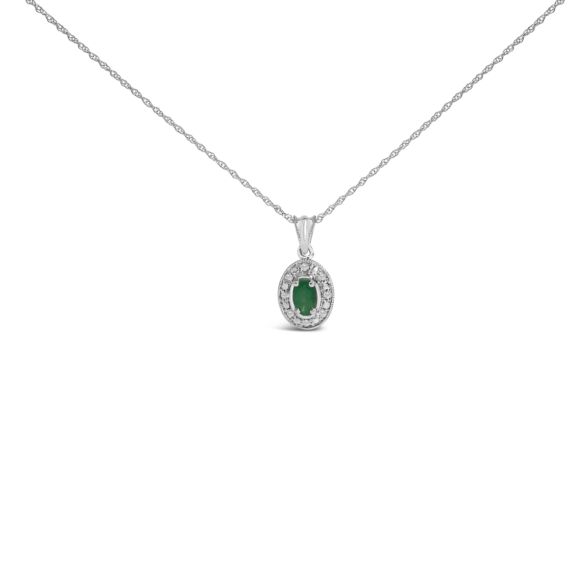 023235NASH 18 in. 14K White Gold Oval Green Emerald & Diamond Halo Pendant Necklace, White