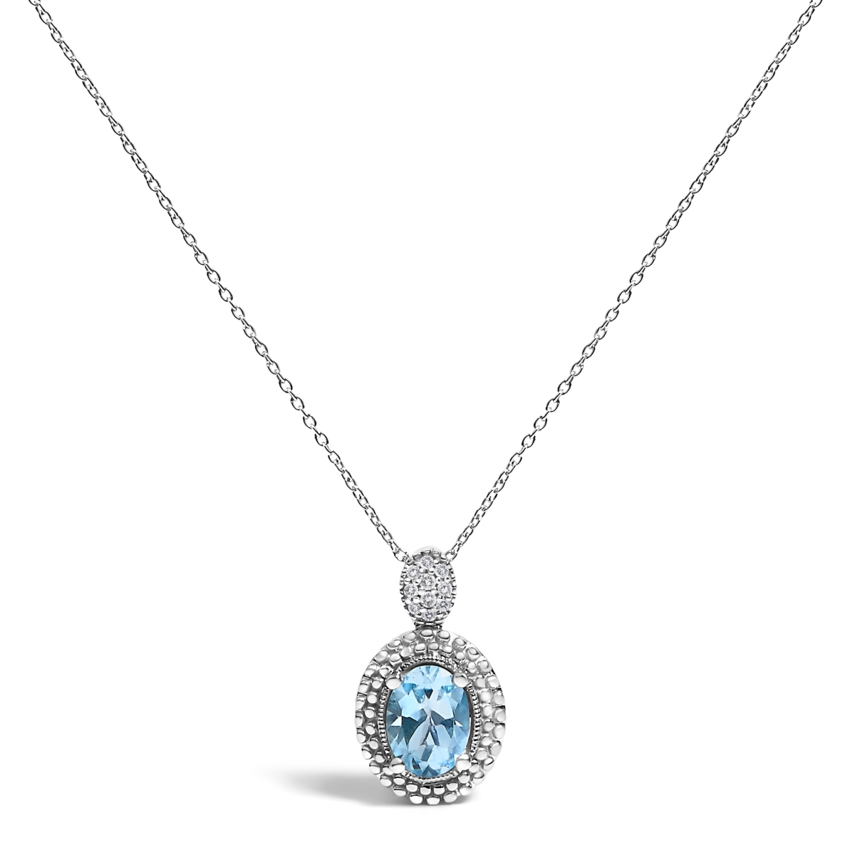 023549PASH Women 0.925 Sterling Silver Oval Blue Topaz & Diamond Accent with Beaded Halo Pendant Necklace - 18 in.