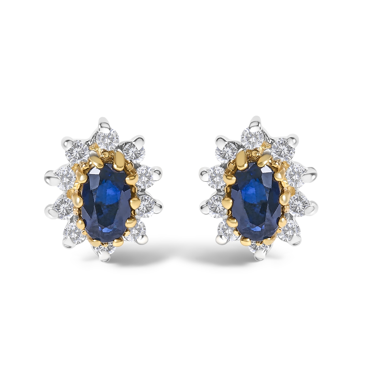 023530EASH Women 14K Yellow Gold 0.25 CTTW Diamond & Blue Sapphire Sunburst Halo Stud Earrings - K-L Color, I1-I2 Clarity