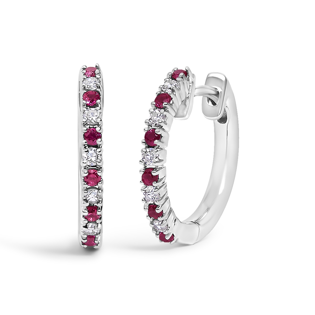 023536EASH 10K White Gold Alternating Diamond & Red Ruby Huggy Hoop Earrings