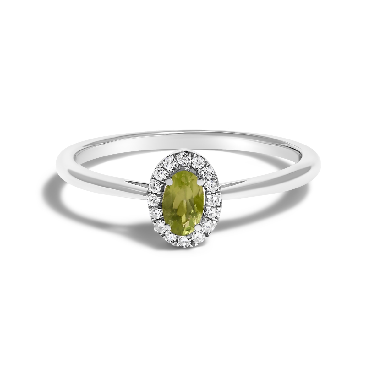 024498R550 10K White Gold 5 x 3 mm Oval Green Peridot & Diamond Accent Halo Ring with I-J Color, I1-I2 Clarity - Ring Size 5.5
