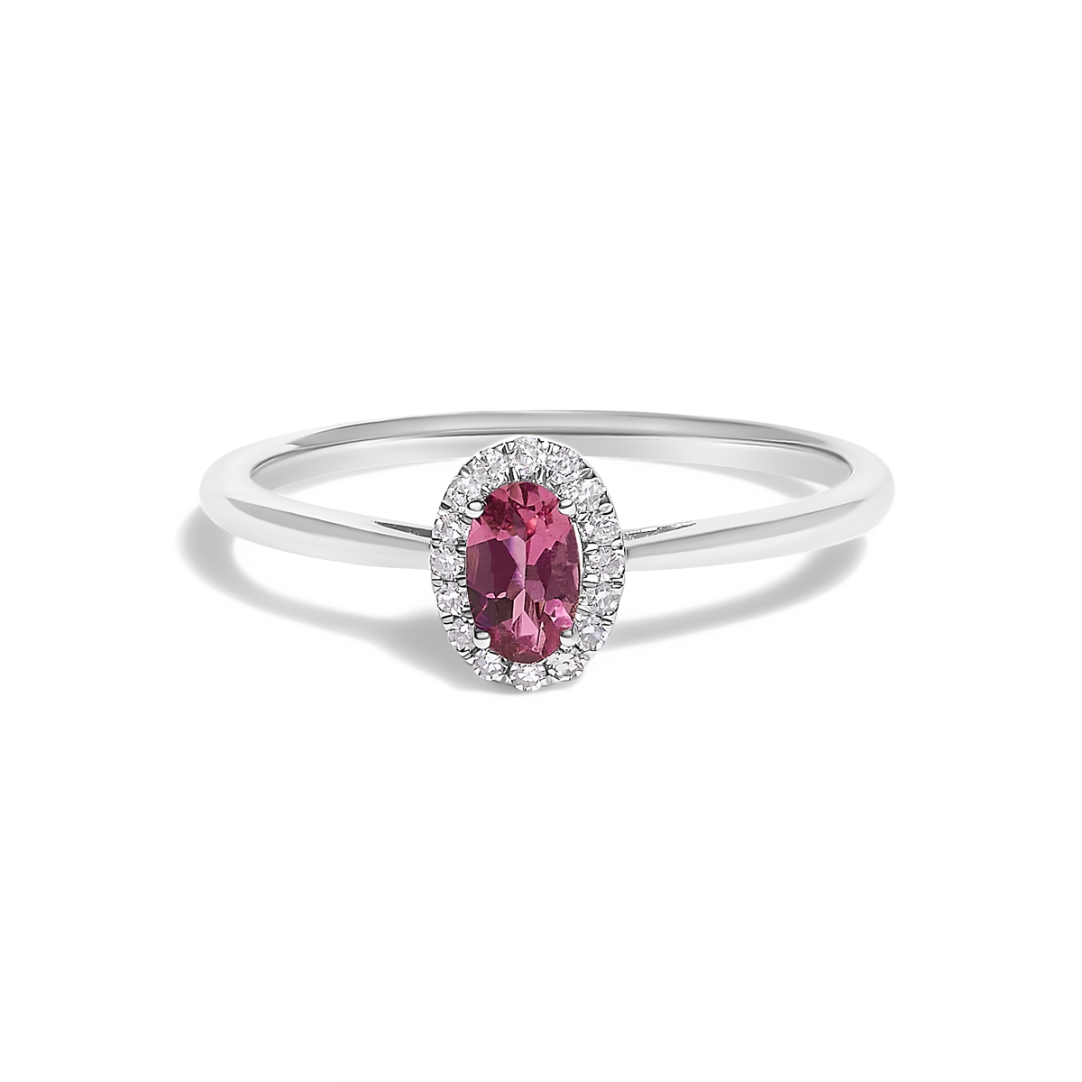 024501R550 10K White Gold 5 x 3 mm Oval Pink Tourmaline & Diamond Accent Halo Ring with I-J Color, I1-I2 Clarity - Ring Size 5.5