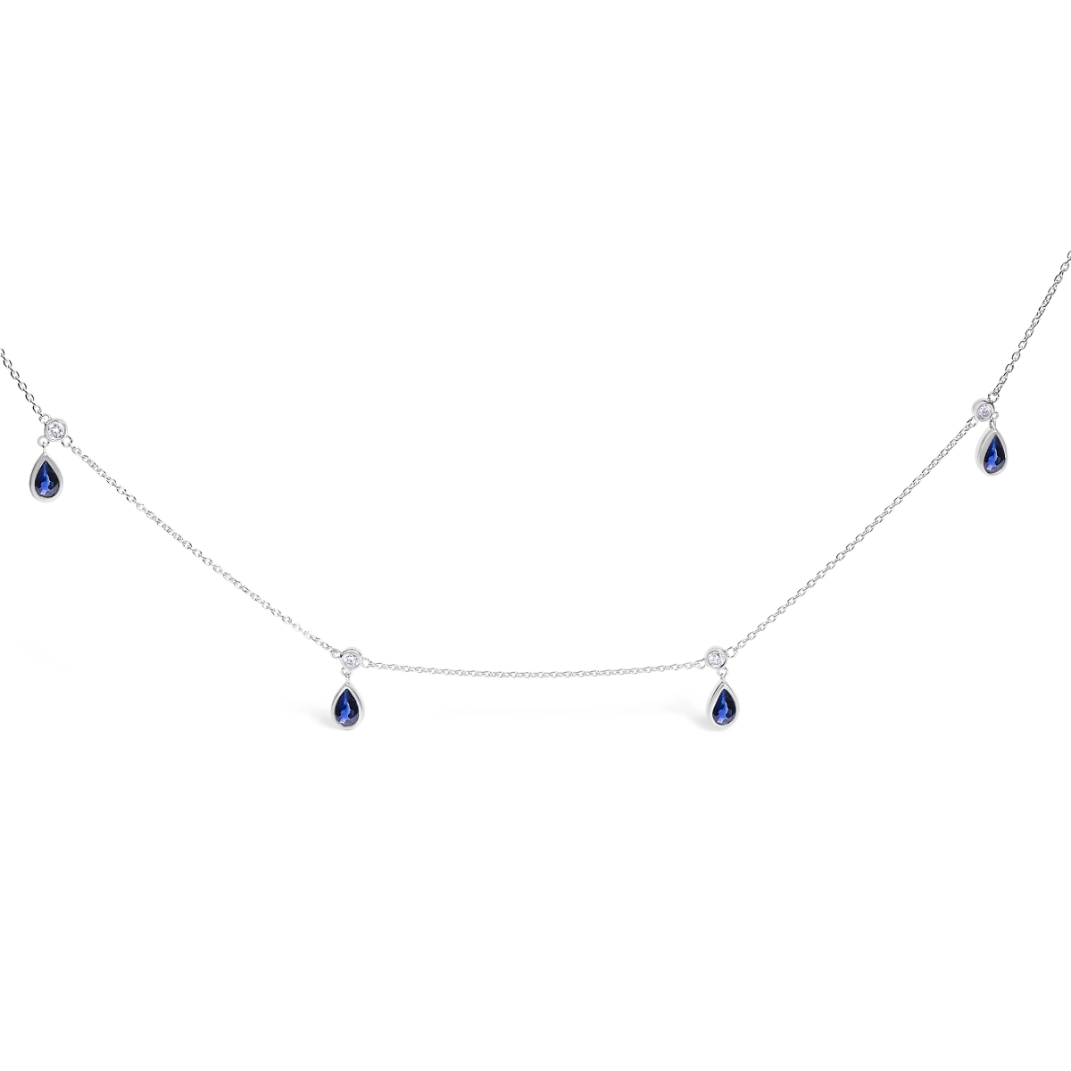 023556NASH Women 10K White Gold Dangling 5 x 3 mm Pear Blue Sapphire & Diamond Station Necklace - 18 in.
