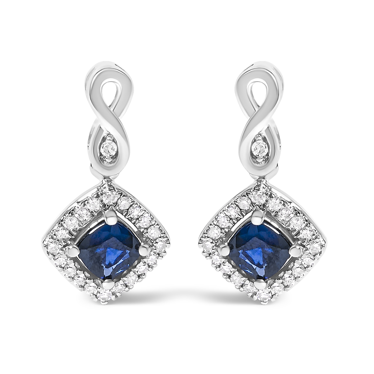 023533EASH Women 10K White Gold Blue Sapphire & Diamond Halo Cushion Shaped Drop Earrings - I-J Color, I1-I2 Clarity