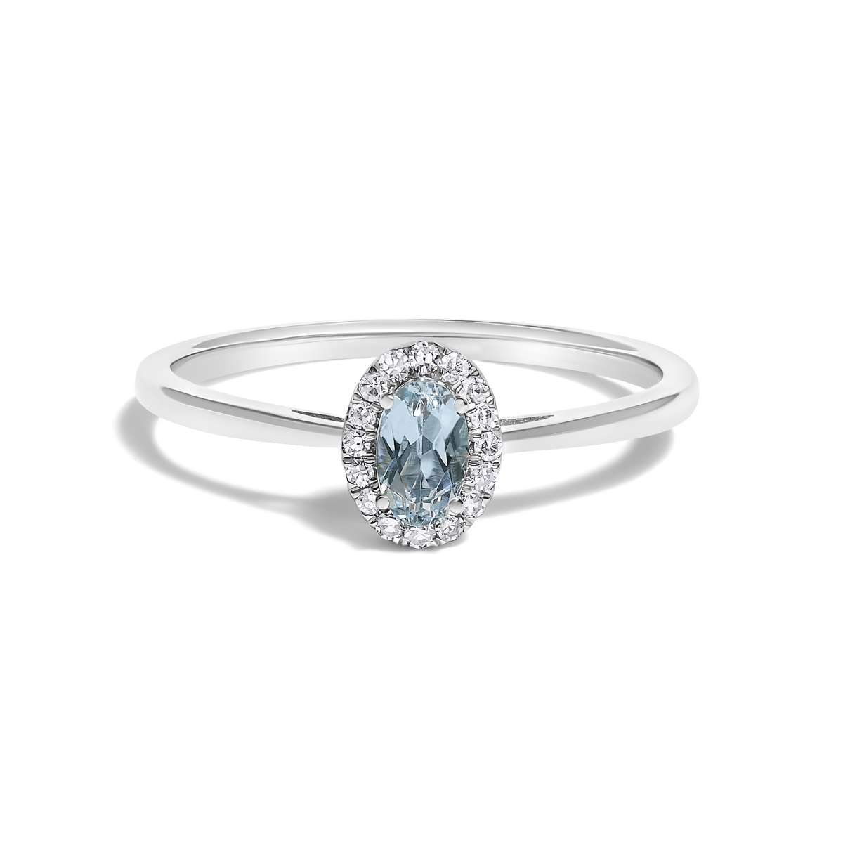 024468R500 10K White Gold 5 x 3 mm Oval Blue Aquamarine & Diamond Accent Halo Ring with I-J Color, I1-I2 Clarity - Ring Size 5