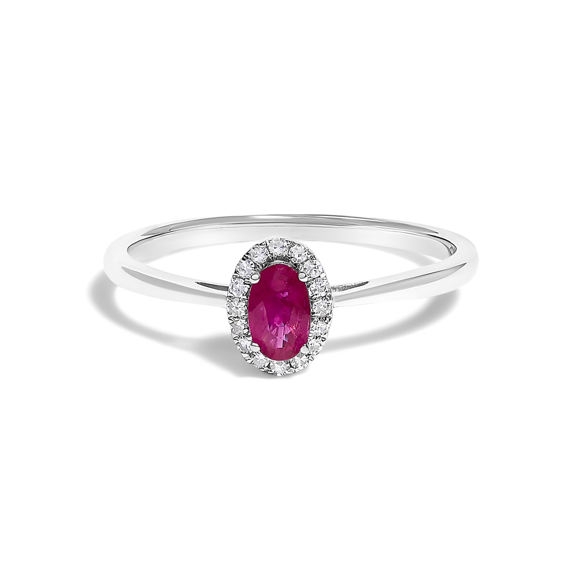 024506R500 10K White Gold 5 x 3 mm Oval Red Ruby & Diamond Accent Halo Ring with I-J Color, I1-I2 Clarity - Ring Size 5