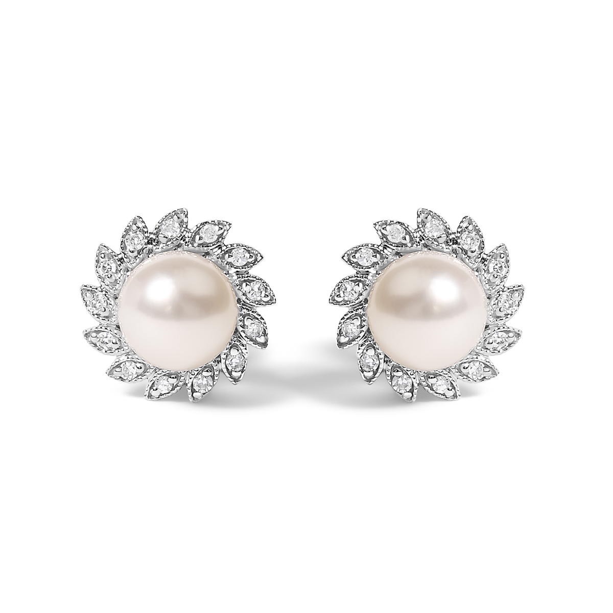 023528EASH 10K Heirloom Style Pearl & Diamond Accent Halo Stud Earrings for Women, White Gold - I-J color, I1-I2 Clarity