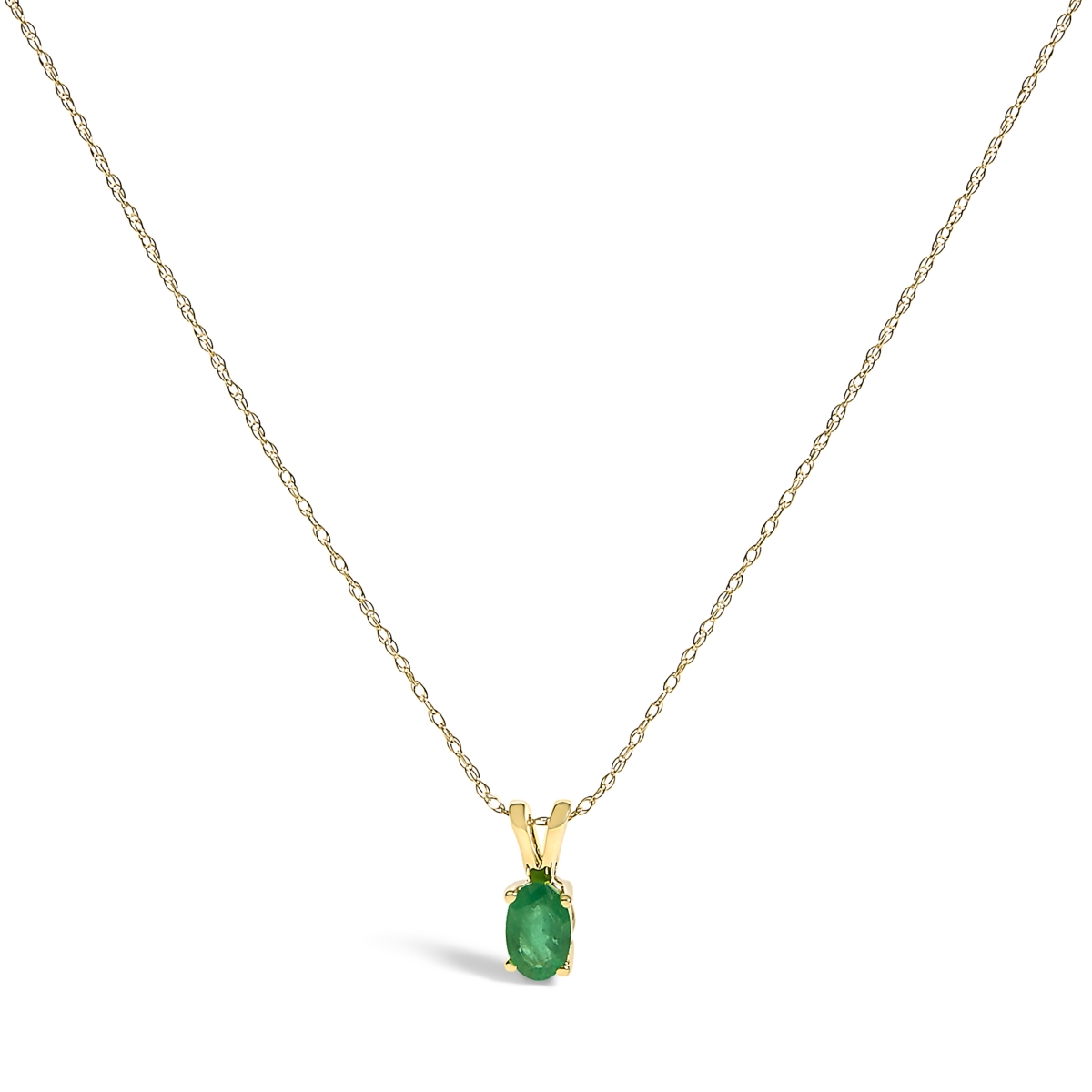023545PASH Women 14K Yellow Gold Oval Green Emerald Solitaire Pendant Necklace - 18 in.