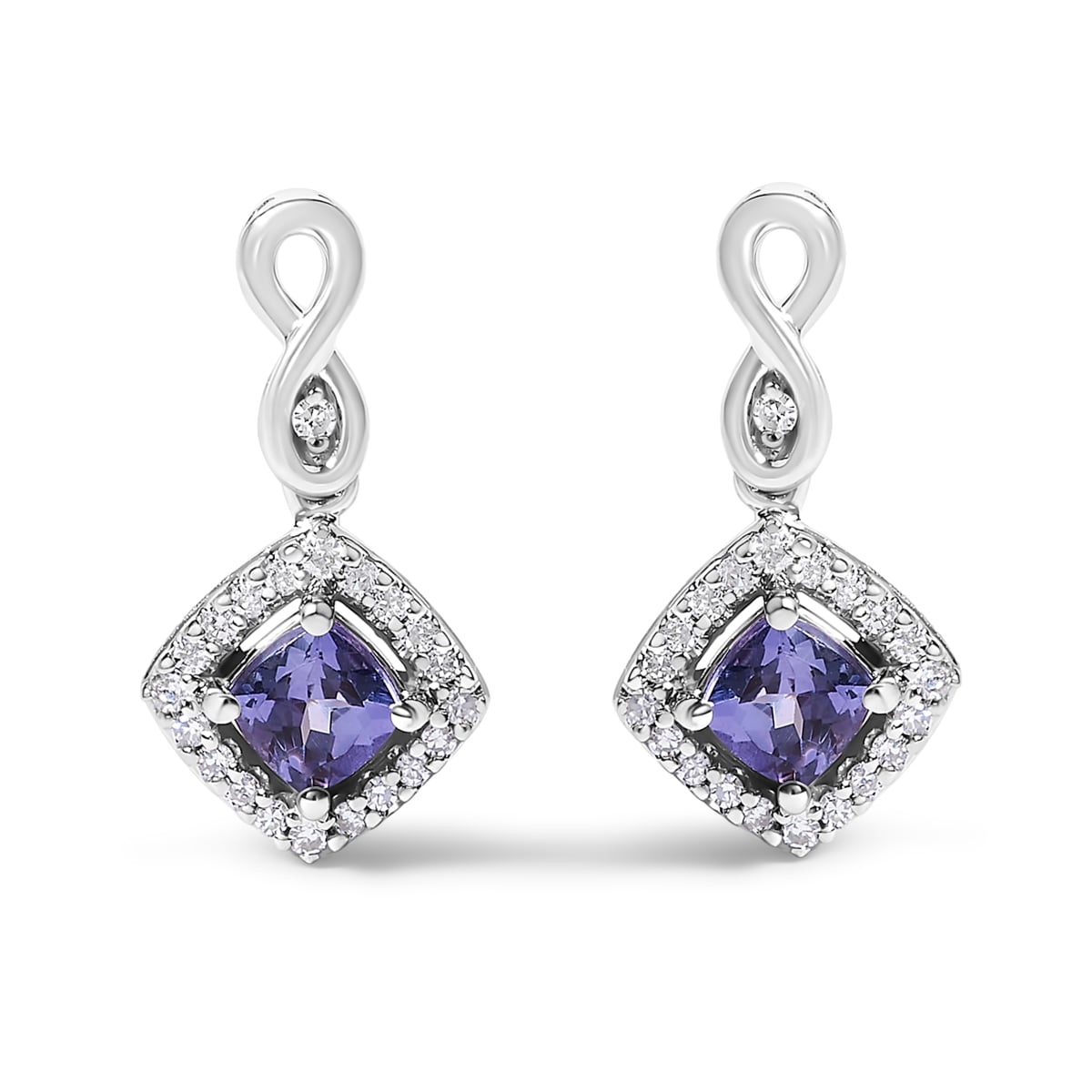 023534EASH Women 10K White Gold Blue Purple Tanzanite & Diamond Halo Cushion Shaped Drop Earrings - I-J Color, I1-I2 Clarity