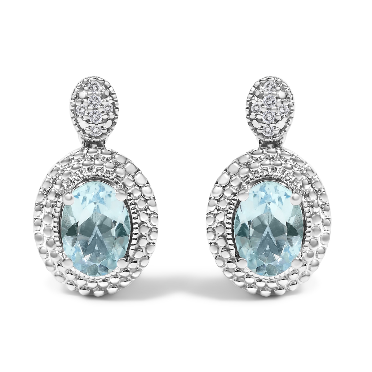 023543EASH Women 0.925 Sterling Silver Diamond Accent & Oval Blue Topaz with Beaded Halo Drop Stud Earrings - I-J color, I1-I2 Clarity