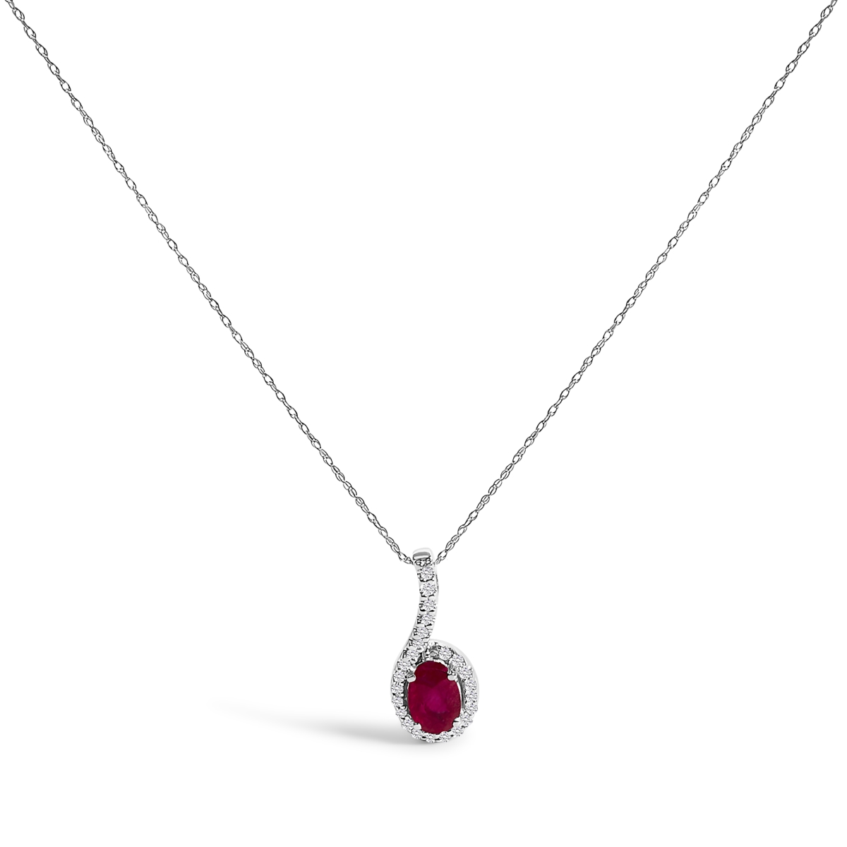 023546PASH Women 10K White Gold Red Ruby & Diamond Accent Teardrop Pendant Necklace - 18 in.