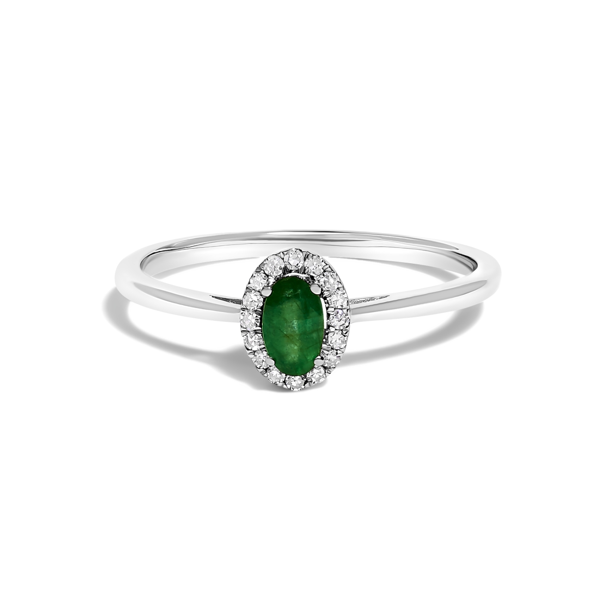 024486R500 10K White Gold 5 x 3 mm Oval Green Emerald & Diamond Accent Halo Ring with I-J Color, I1-I2 Clarity - Ring Size 5