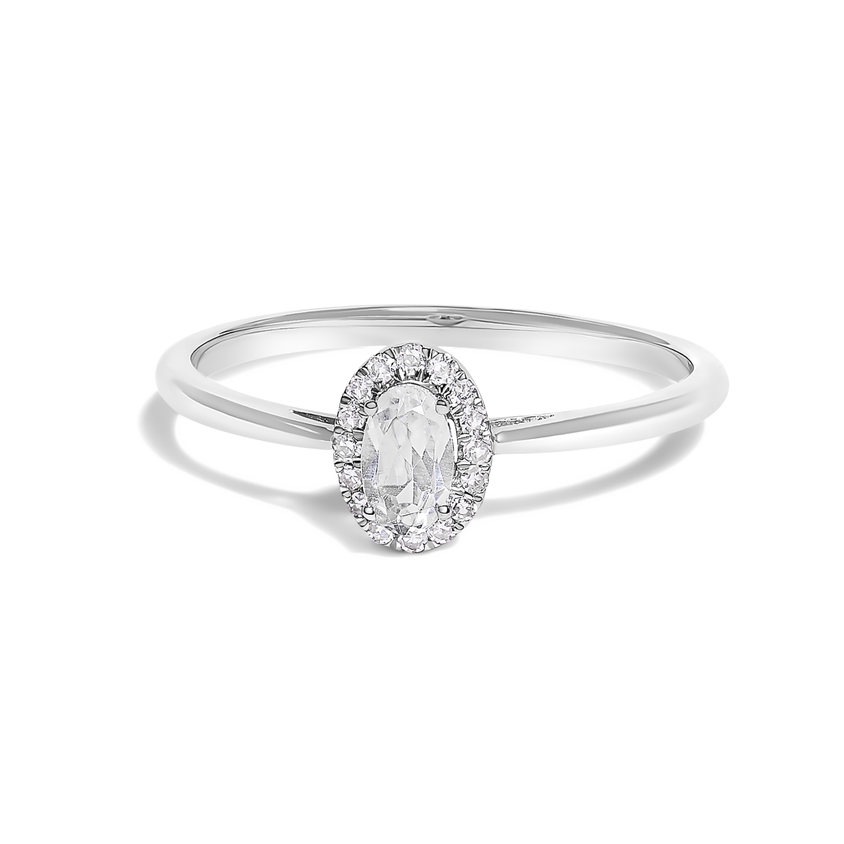 024515R700 10K White Gold 5 x 3 mm Oval White Topaz & Diamond Accent Halo Ring with I-J Color, I1-I2 Clarity - Ring Size 7