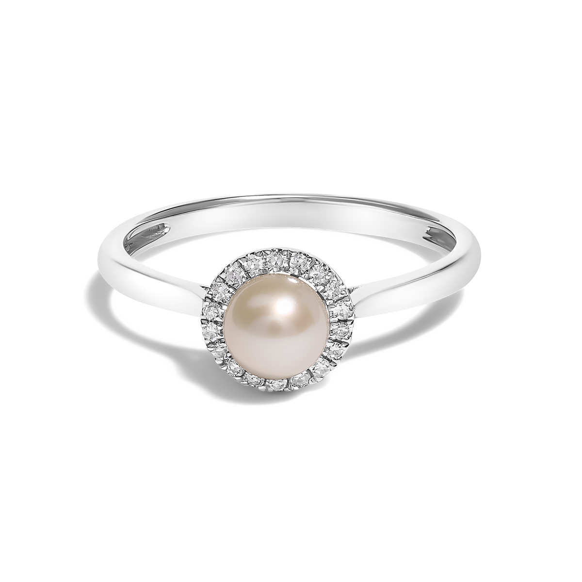024532R550 5 mm 10K White Gold Cultured Freshwater Pearl & Diamond Halo Ring, I-J Color & I1-I2 Clarity - Ring Size 5.5