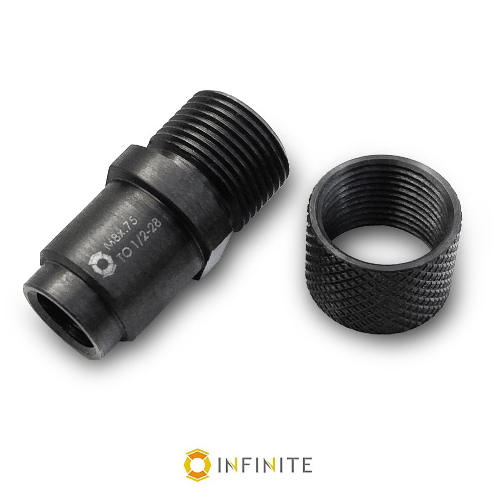Infinite Product Solutions  M8 x .75 Target to 0.5 in. 28 Right Hand Target Barrel Thread Steel Adapter, Black
