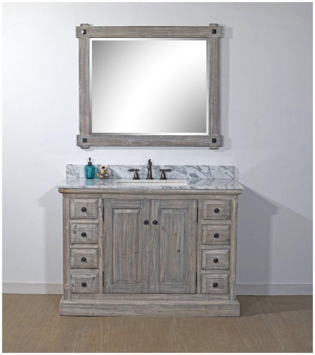 WK1848-G-CW SQ TOP 48 in. Rustic Solid Fir Single Sink Vanity With Rectangular Sink in Grey-Driftwood With Carrara White Marble Top-No Faucet -  InFurniture, WK1848-G+CW SQ TOP