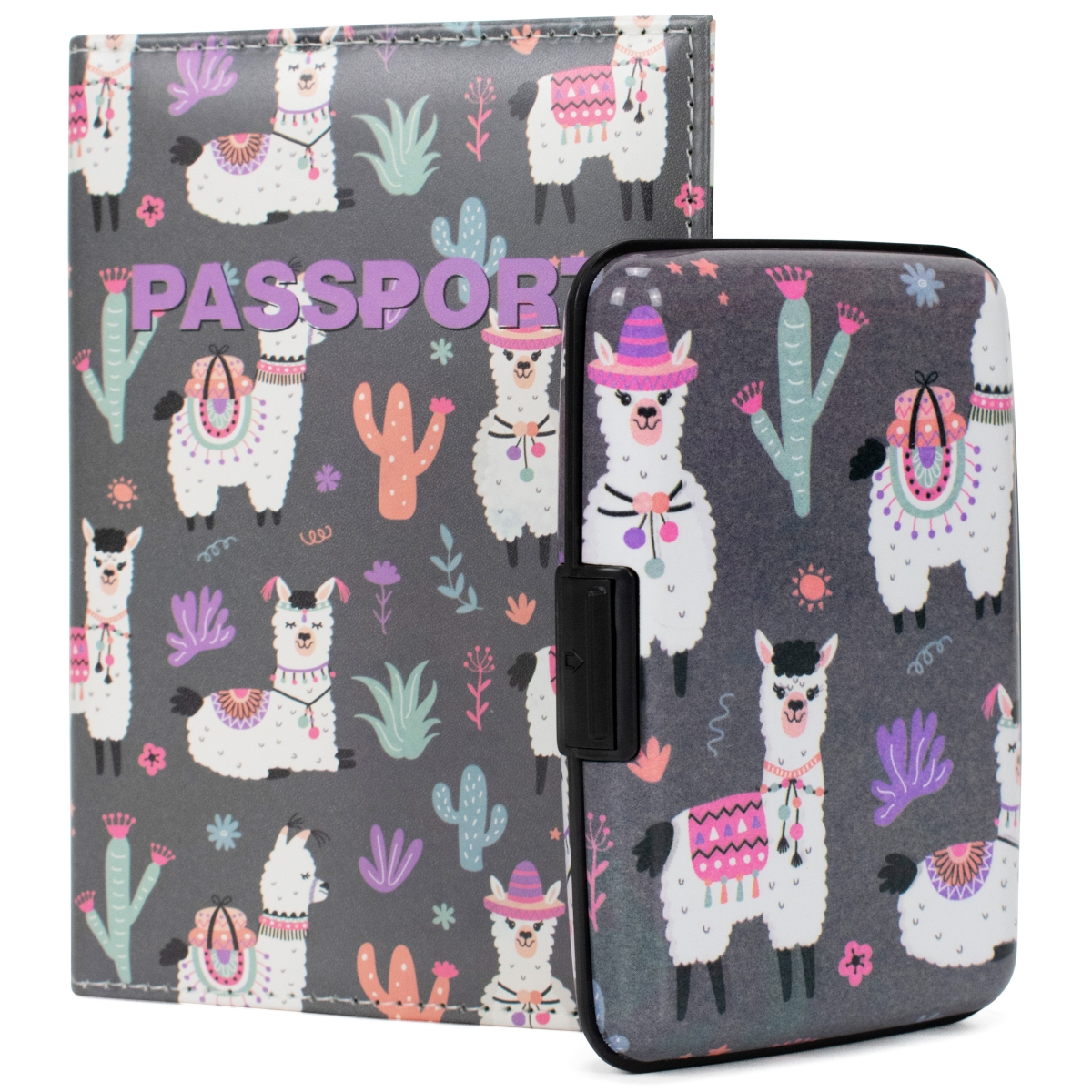 Miami CarryOn  RFID Protected Wallet and Passport Cover Set (Llamas & Cactuses)