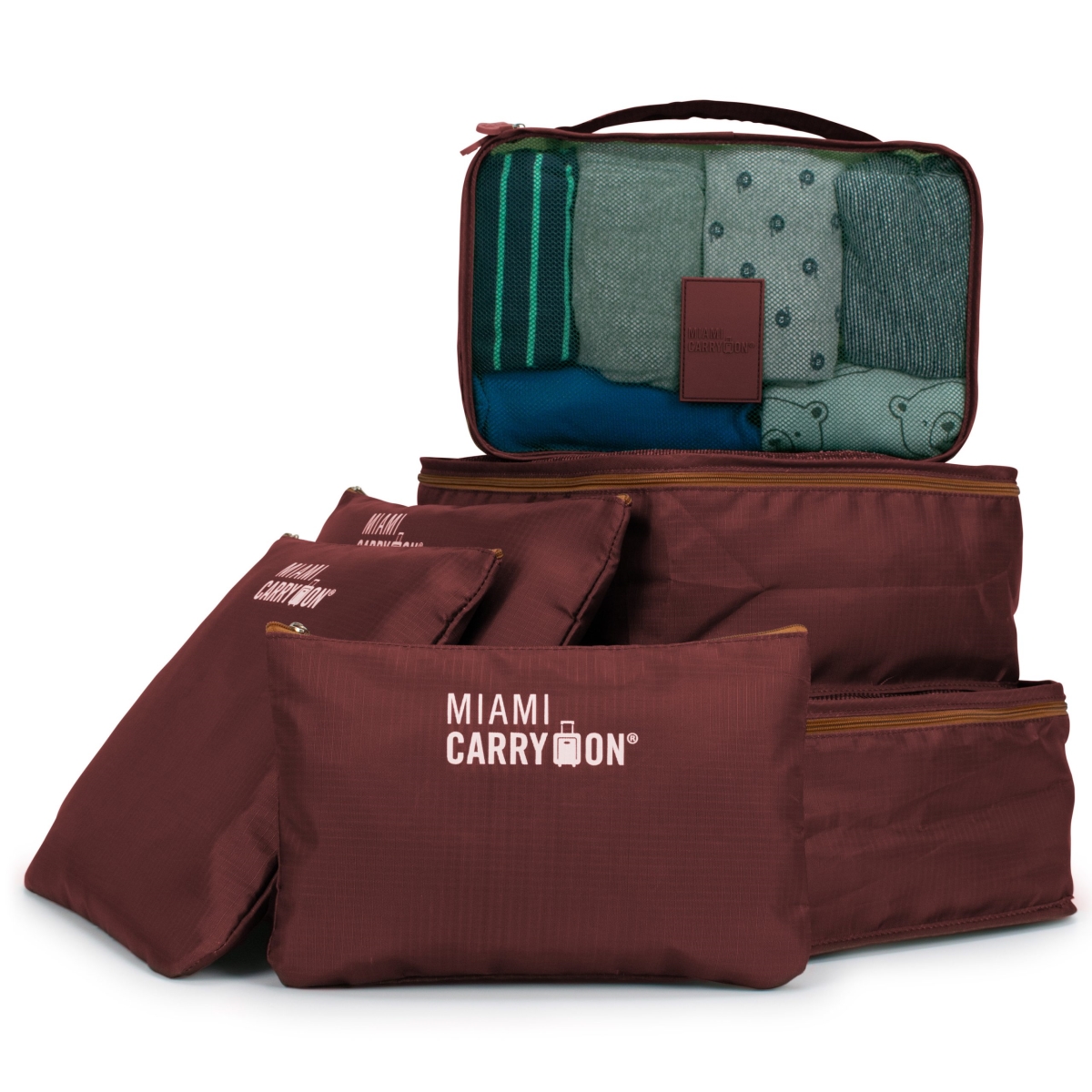 Picture of Miami Carryon TL6SBGBYTN  Collins Packing Cubes Luggage Organizer  Burgundy &amp; Tan - 6 Piece
