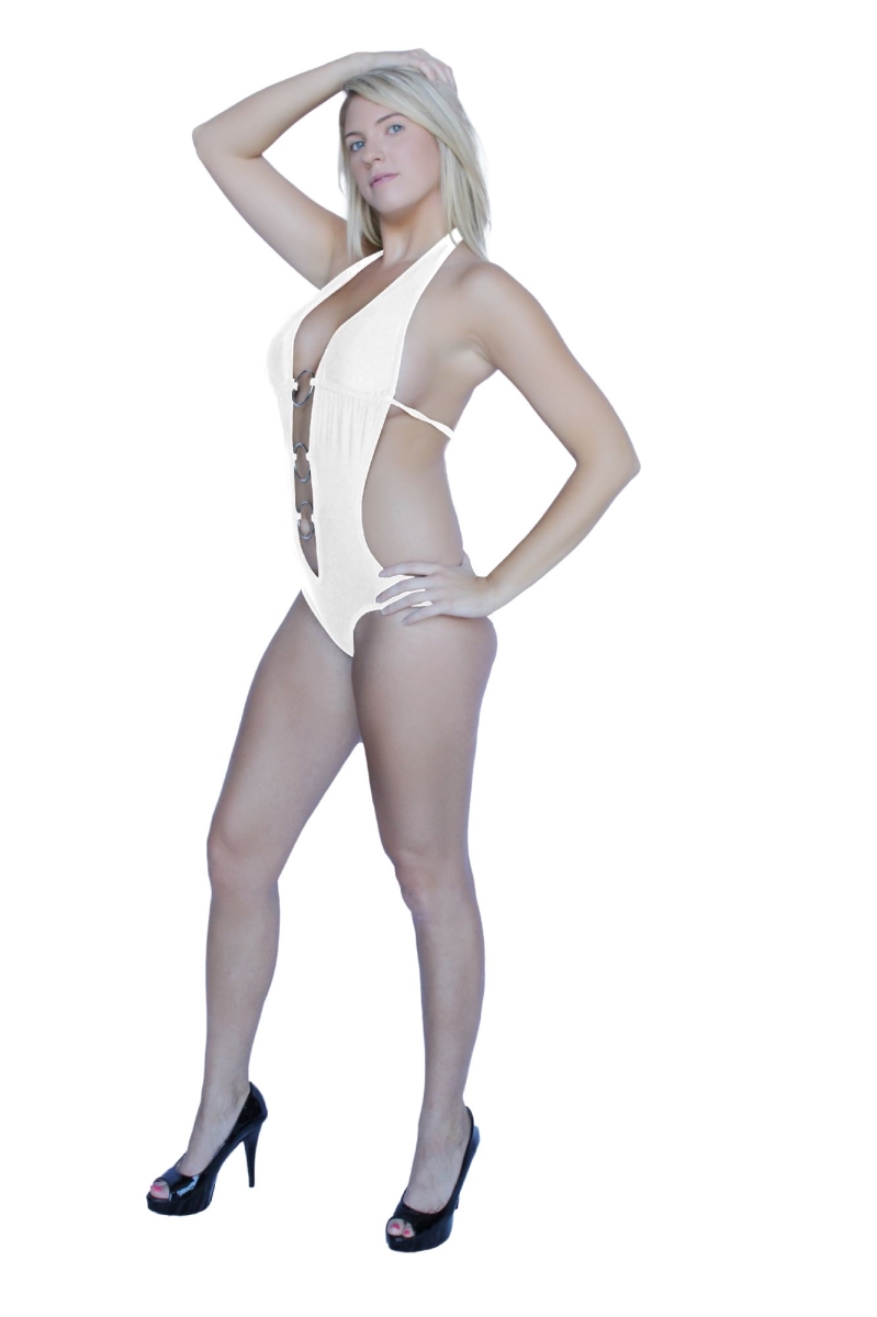 02033-L-White Sexy Deep V Neck Brazilian Back Bottom Halter Top, Black & White - Large