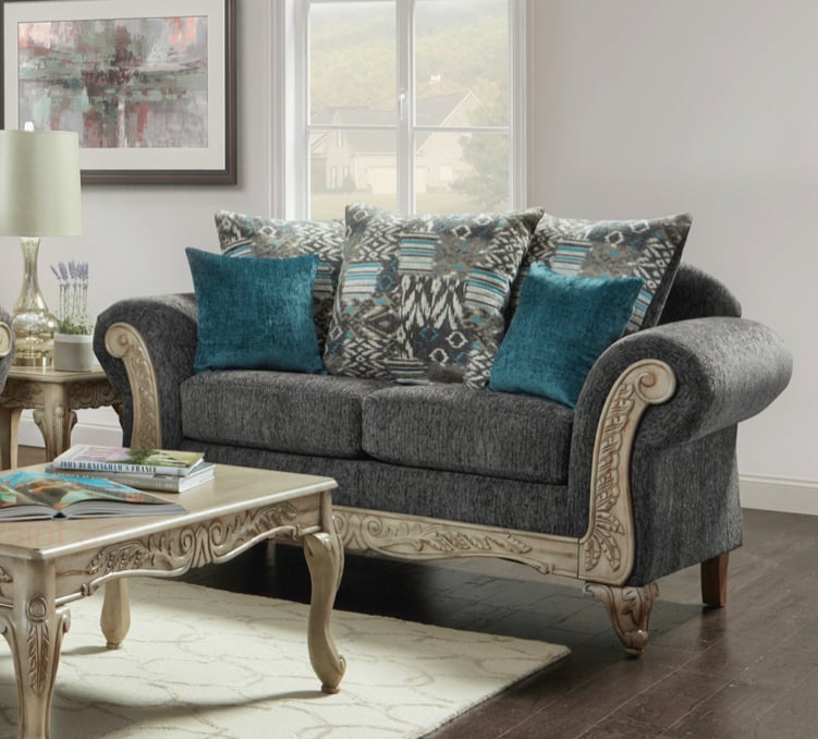 Camila Ornate Carved Wood Loveseat Sofa, Gray