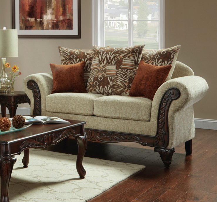 Cecilia Ornate Carved Wood Loveseat Sofa, Beige