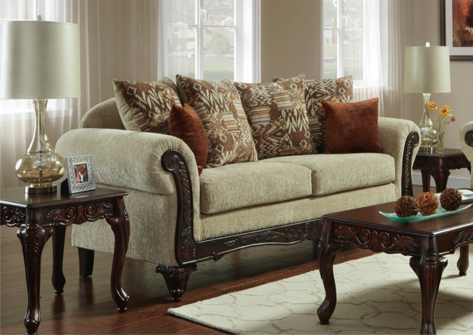 Cecilia Ornate Carved Wood Sofa, Beige