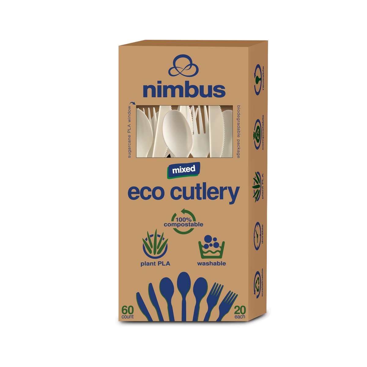 Picture of Nimbus NE-UTEN-MIX-60 Eco Friendly Compostable Biodegradable Bamboo Cutlery - 2400 Count