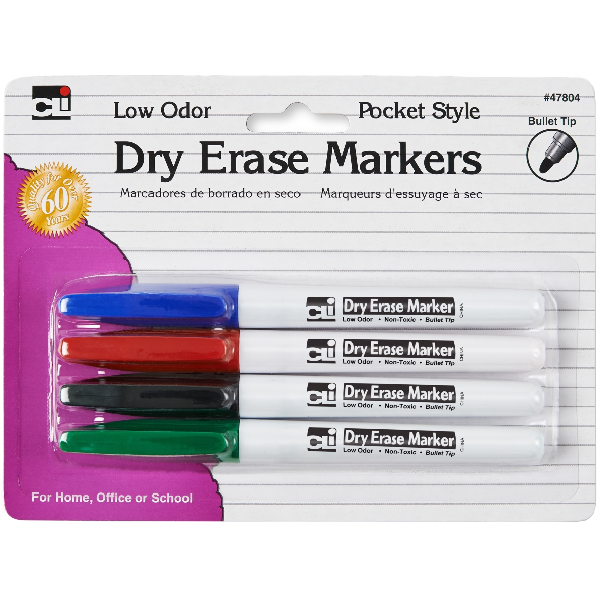 Picture of Charles Leonard CL47804 Dry Erase Bullet Tip Markers - Assorted&#44; Pack of 4