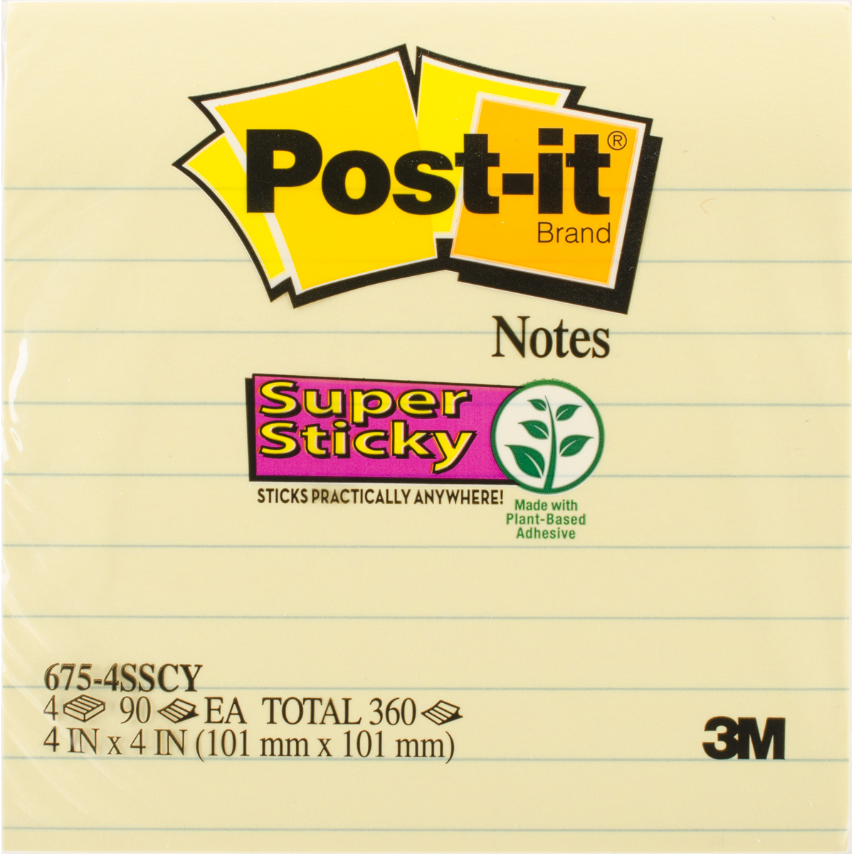Picture of 3M 6754SSCY 4 x 4 in. Sticky note Super Sticky Notes with 90 Sheets - Lined Canary Yellow&#44; Pack of 4