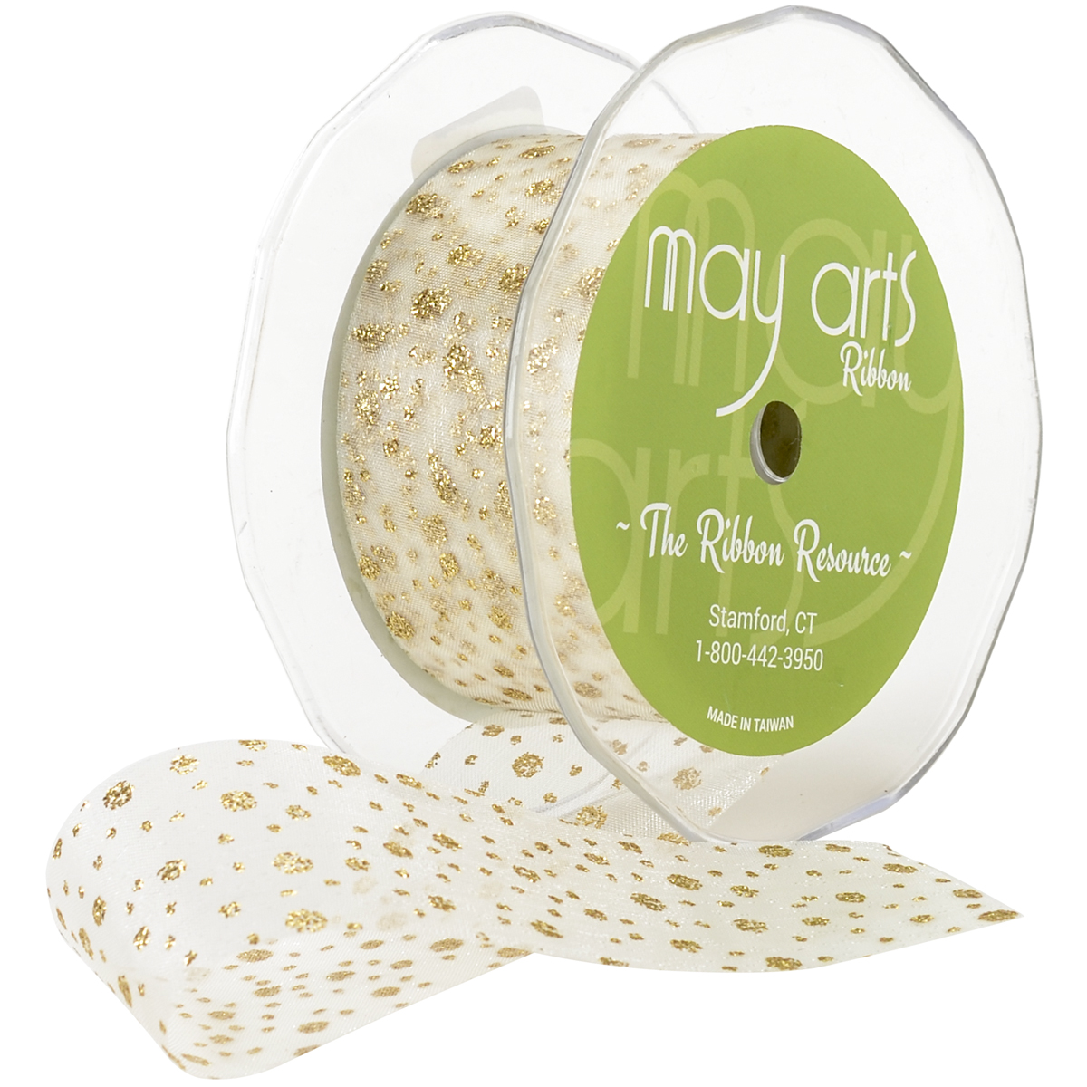 533-15-09 1.5 x 30 yard Sheer Ribbon with Glitter Dots, Ivory with Gold Dots