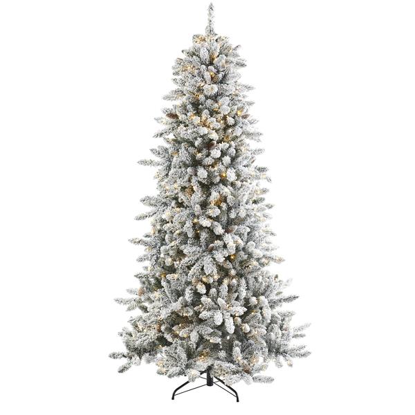 T1613 7.5 ft. Flocked Livingston Fir Artificial Christmas Tree with Pine Cones & 500 Clear Warm LED Lights -  Nearly Natural