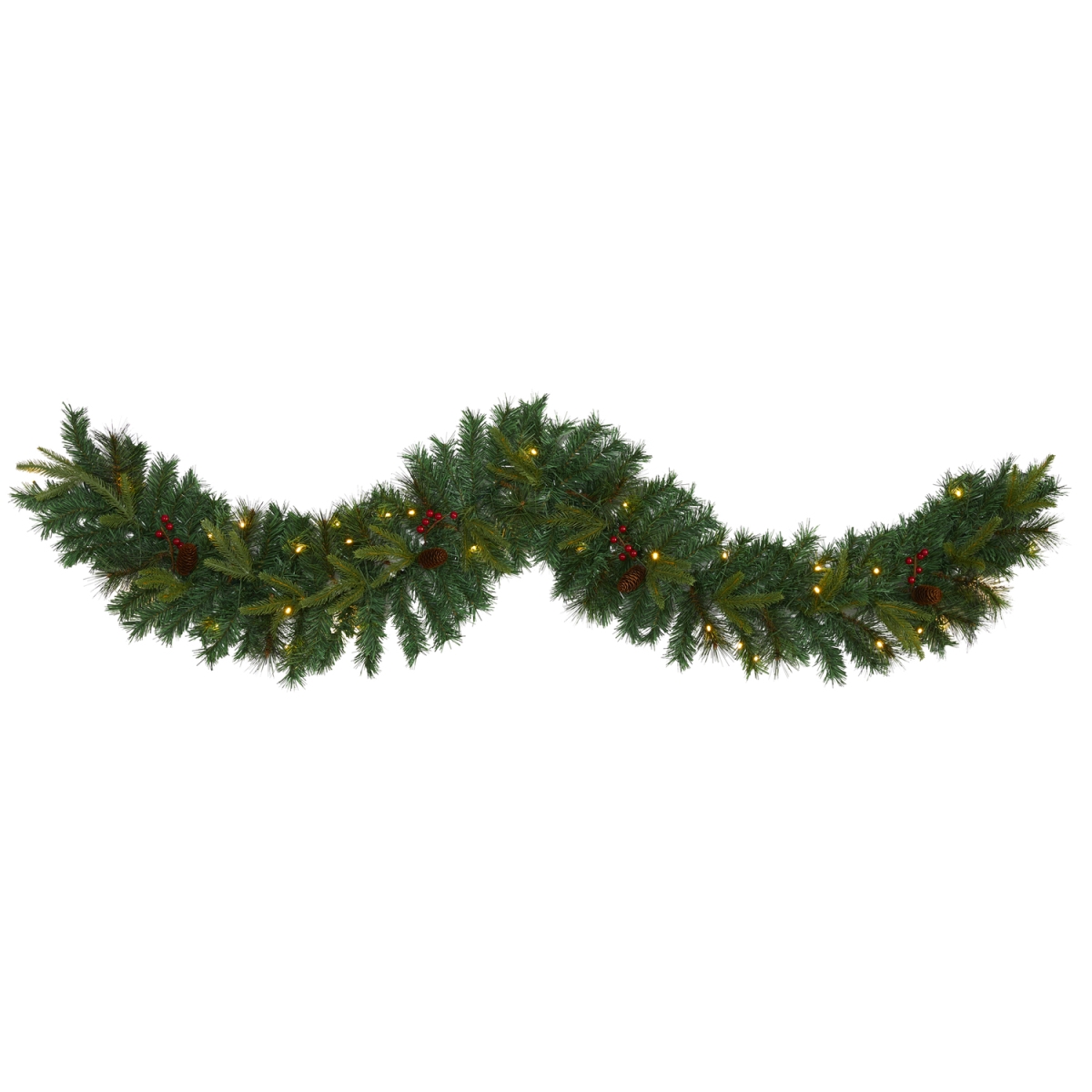 W1108 6 ft. Mixed Pine Artificial Christmas Garland with 35 Clear LED Lights, Berries & Pinecones -  Nearly Natural