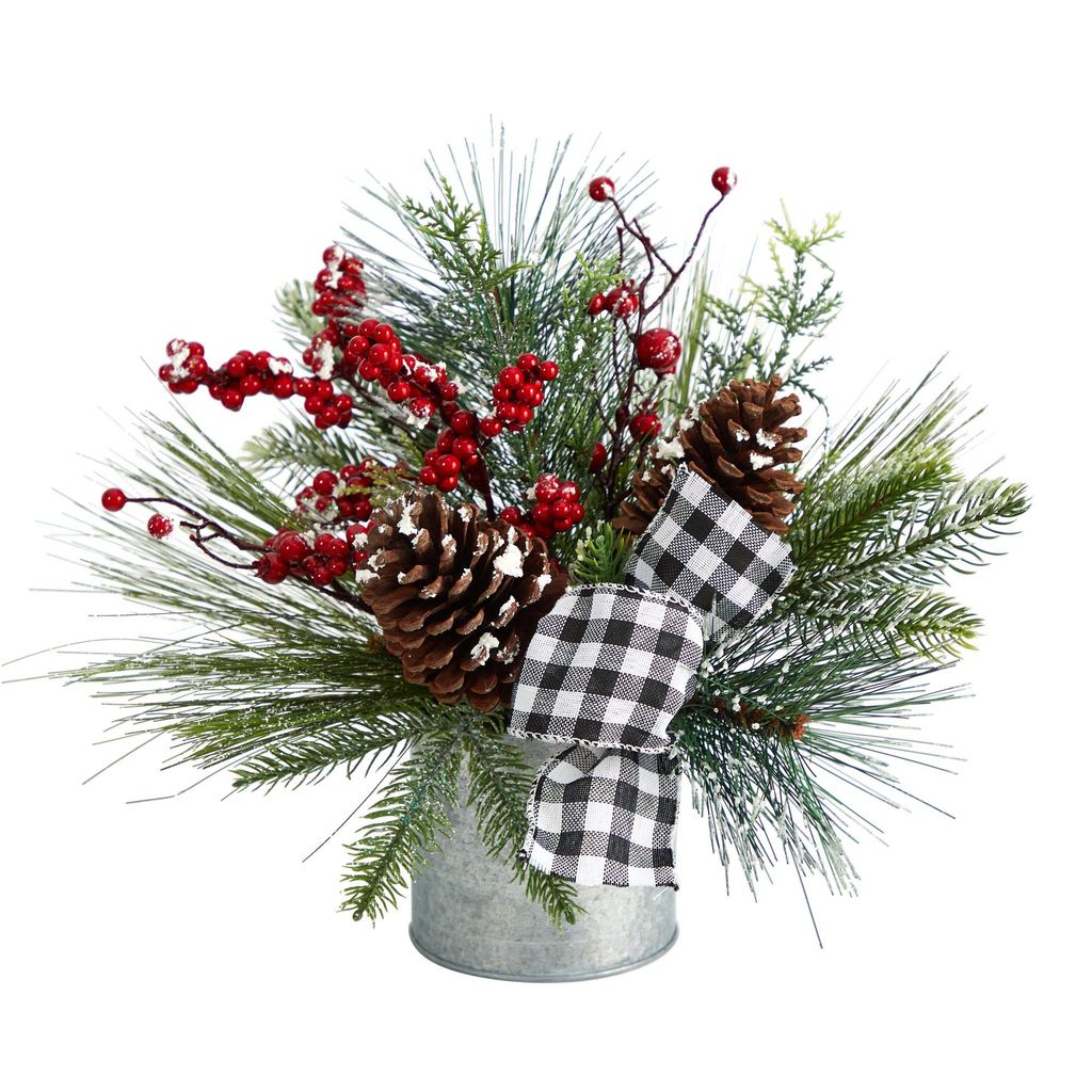 Picture of Nearly Natural A1851 12 in. Frosted Pinecones & Berries Artificial Arrangement Vase with Decorative Plaid Bow
