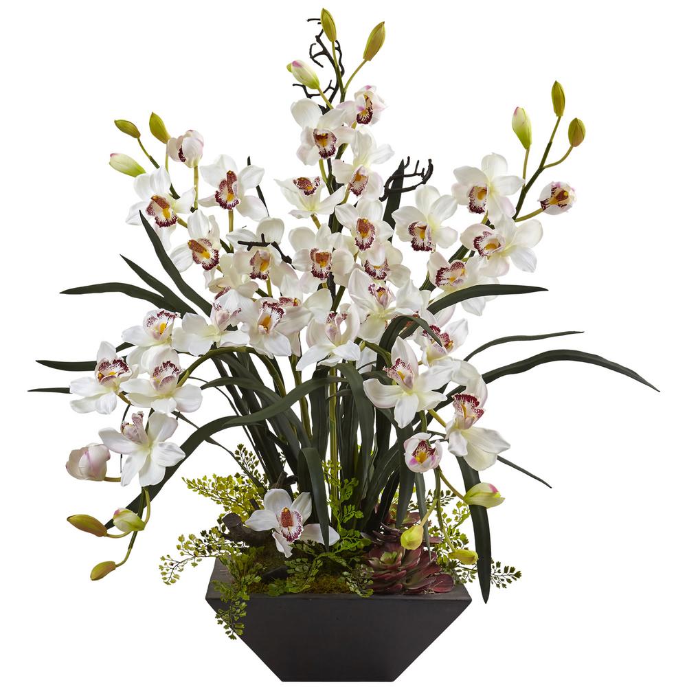 Picture of Nearly Natural 1404-WH Cymbidium Orchid with Black Vase