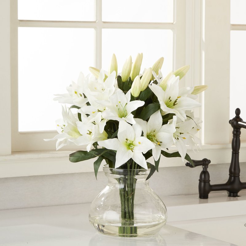 Picture of Nearly Natural 1432 Lily Silk Arrangement with Glass Vase - 16 in.
