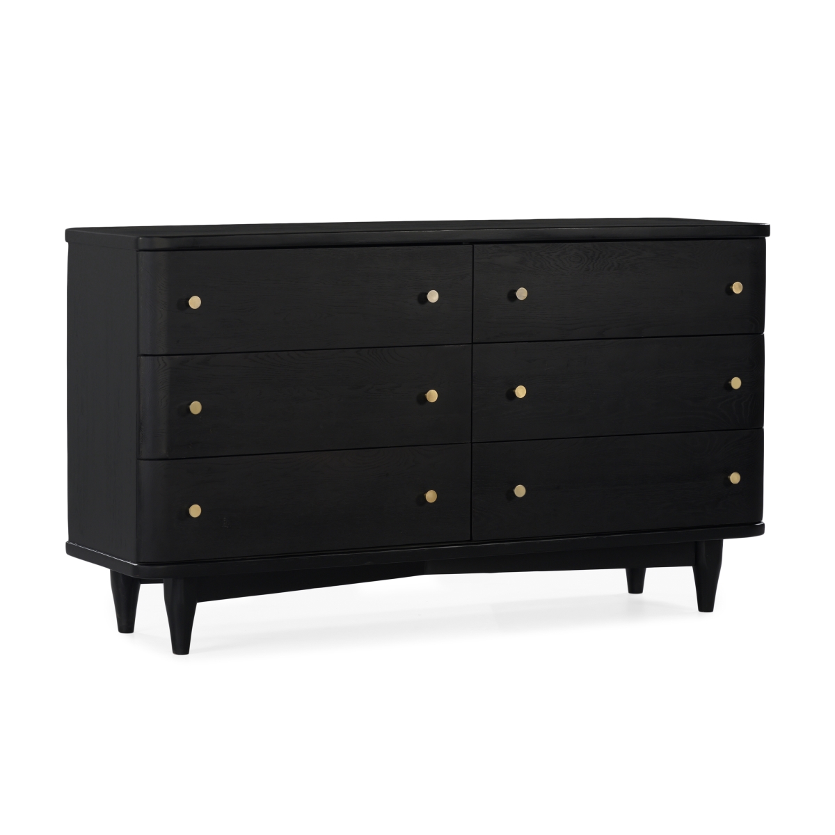 William Mid Century Modern Black Oak Wood 6 Drawer Double Dresser